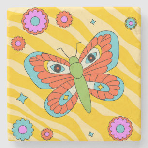 Farbenfrohe Groovy Butterfly und Daisis Steinuntersetzer