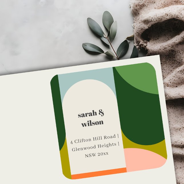 Farbenfrohe Groovy Retro Arch Abstrakte Adresse Quadratischer Aufkleber (Von Creator hochgeladen)