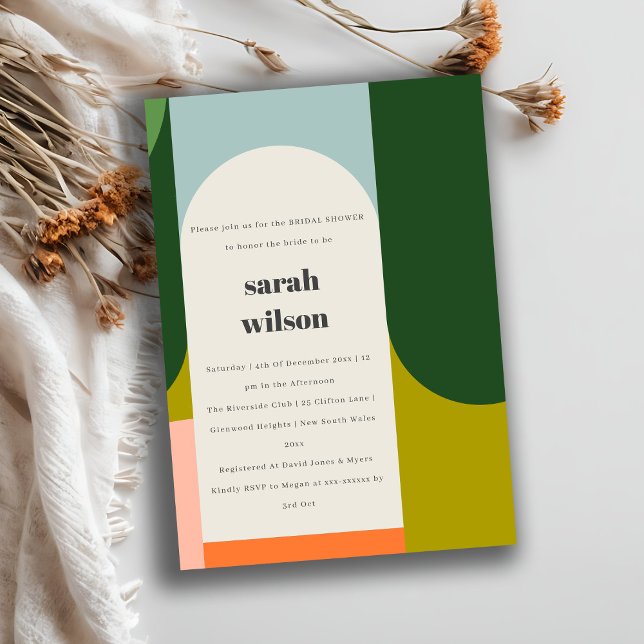 Farbenfrohe Groovy Retro Arch Abstraktes Brautpart Einladung (Von Creator hochgeladen)