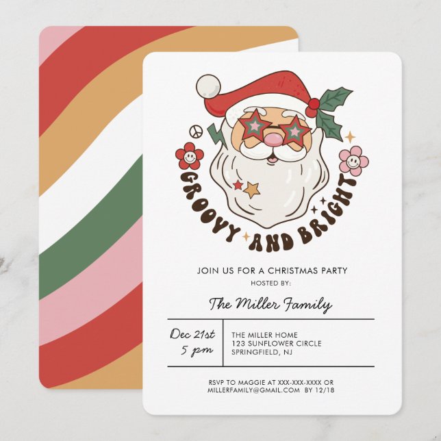 Farbenfrohe Groovy Retro Weihnachts-Party Einladun Einladung (Vorne/Hinten)