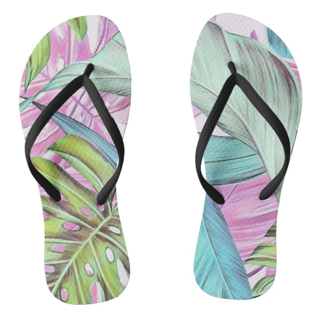 Farbenfrohe große tropische Blätter Aquarell Flip Flops (Fußbett)