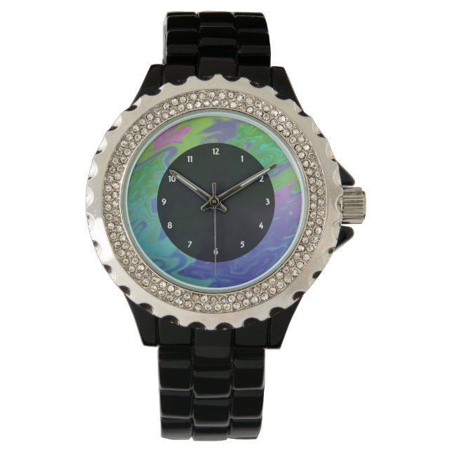 Farbenfrohe grüne blaue Spritze abstrakt Armbanduhr (Vorderseite)
