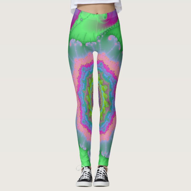 Farbenfrohe grüne und pfirsichfarbene Fraktal Leggings (Vorderseite)