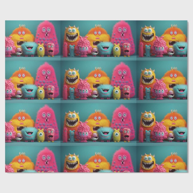 Farbenfrohe, haarige Monster in hellen Farben Geschenkpapier (Flach)