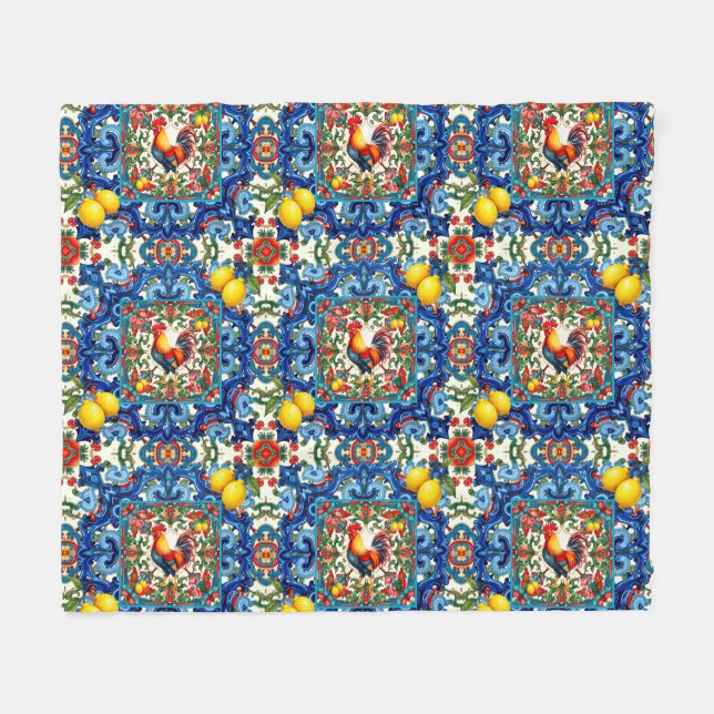 Farbenfrohe Hahn, mediterran, mosaik, Zitrone, Fleecedecke (Vorderseite (Horizontal))