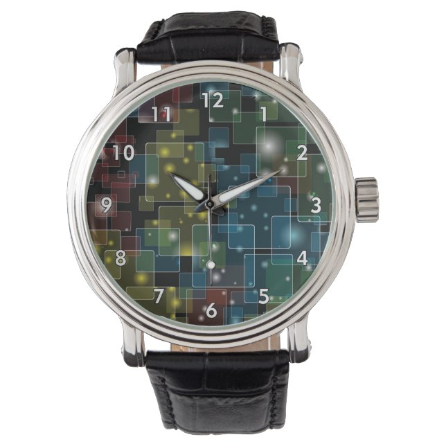 Farbenfrohe, halbtransparente Quadrate mit Sternen Armbanduhr (Vorderseite)