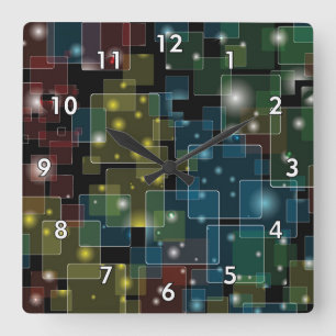 Farbenfrohe, halbtransparente Quadrate mit Sternen Quadratische Wanduhr