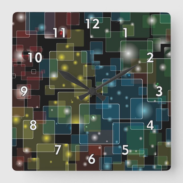 Farbenfrohe, halbtransparente Quadrate mit Sternen Quadratische Wanduhr (Vorderseite)