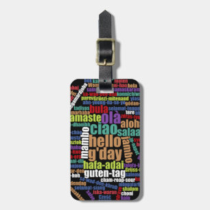 Farbenfrohe Hallo in vielen Sprachen Word Cloud Gepäckanhänger