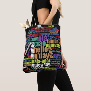 Farbenfrohe Hallo in vielen Sprachen Word Cloud Tasche