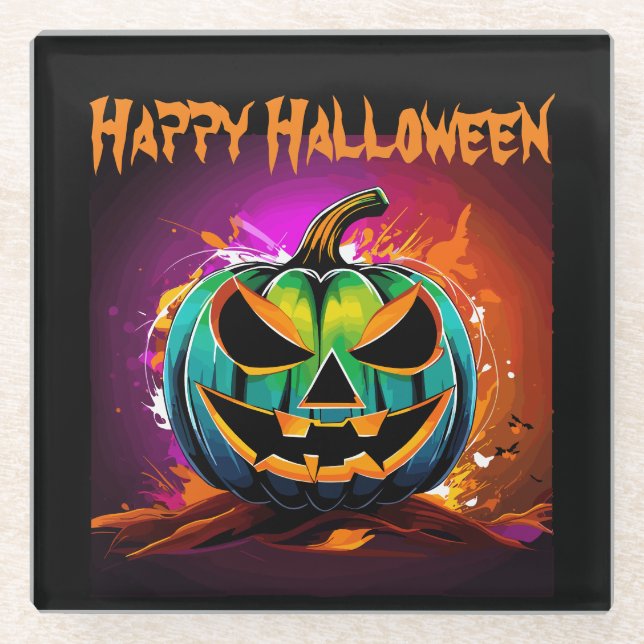 Farbenfrohe Halloween-Creepy Pumpkin Black Glasuntersetzer (Vorderseite)