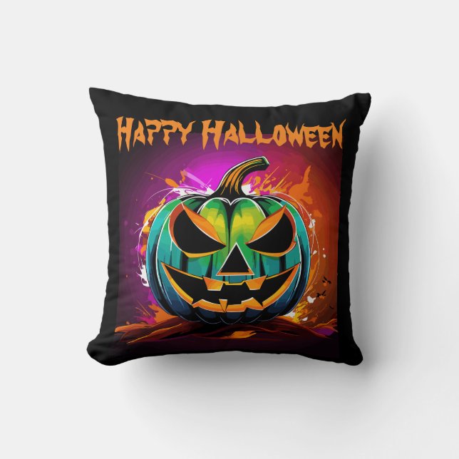 Farbenfrohe Halloween-Creepy Pumpkin Black Kissen (Vorderseite)