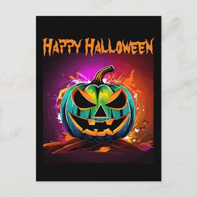 Farbenfrohe Halloween-Creepy Pumpkin Black Postkarte (Vorderseite)