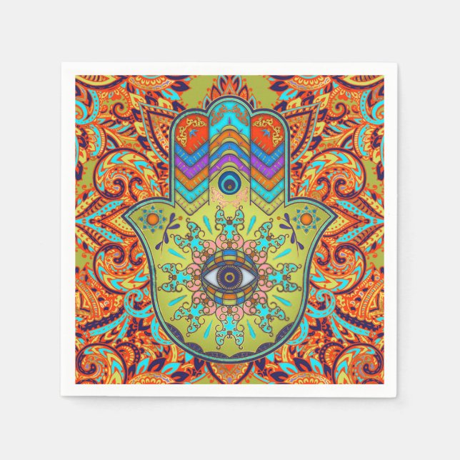 Farbenfrohe Hamsa Hand - Hand Fatima Serviette (Vorderseite)
