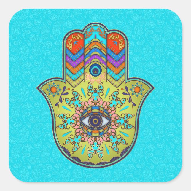 Farbenfrohe Hamsa Hand mit Pisley Quadratischer Aufkleber (Vorderseite)