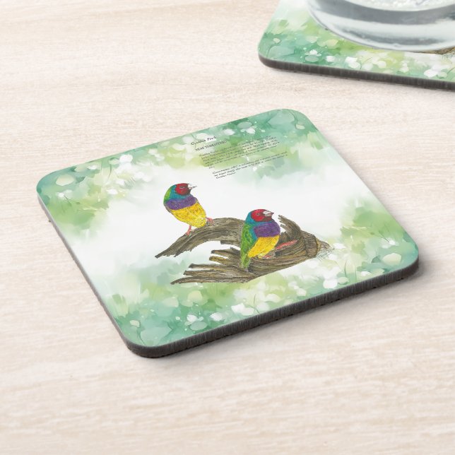 Farbenfrohe handbemalte Gouldian Finch Getränkeuntersetzer (Linke Seite)