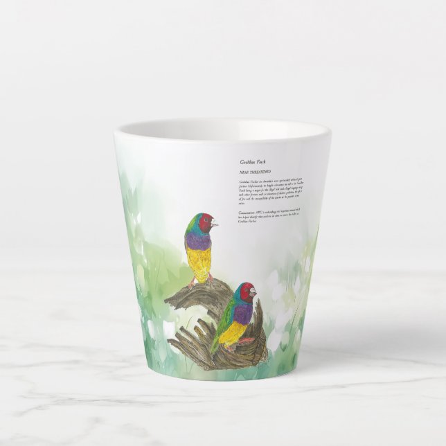 Farbenfrohe handbemalte Gouldian Finch Milchtasse (Vorderseite)