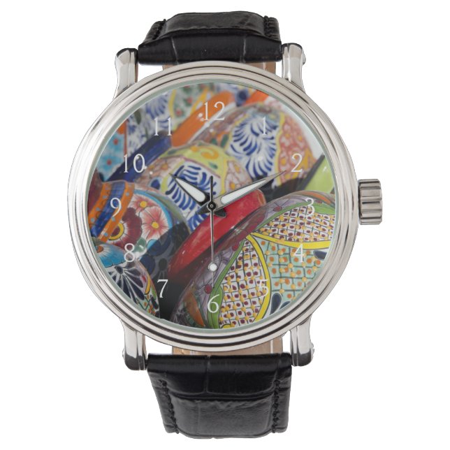 Farbenfrohe handbemalte mexikanische Keramik Armbanduhr (Vorderseite)