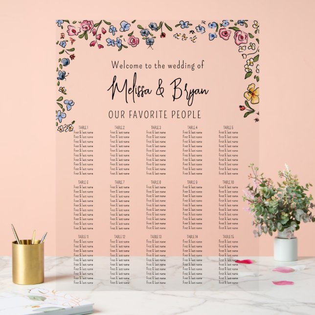 Farbenfrohe handgezeichnete Blume Hochzeitskarte Acrylschild (Hochzeit)