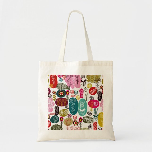 Farbenfrohe, handgezeichnete Retro-Blume-Muster Tragetasche (Vorne)