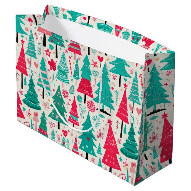 Farbenfrohe handgezeichnete Weihnachtsbaummuster Große Geschenktüte (Rückseite Schrägansicht)