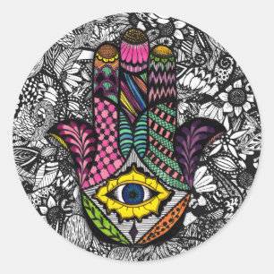 Farbenfrohe Handzeichnung Hamsa Hand und Blumenzei Runder Aufkleber