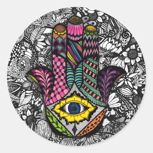 Farbenfrohe Handzeichnung Hamsa Hand und Blumenzei Runder Aufkleber (Vorderseite)