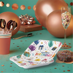 Farbenfrohe Happy Birthday Party-Feier Quadratisch Pappteller