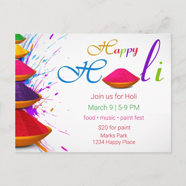 Farbenfrohe Happy Holi Powders Paint Einladung Postkarte (Vorderseite)