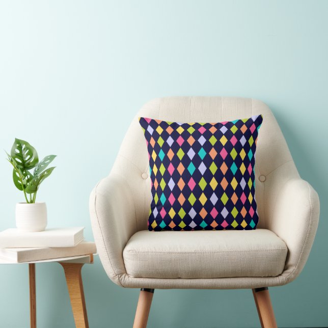 Farbenfrohe Harlequin Diamond Navy Blaues Muster Kissen (Stuhl )
