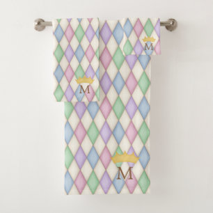 Farbenfrohe Harlequin-Druckmonogramm mit Kronen Badhandtuch Set