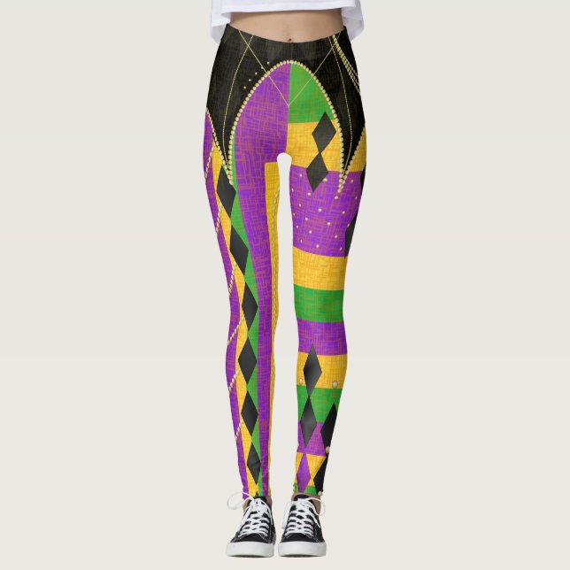 Farbenfrohe Harlequin Mardi Gras Raute Streifen Leggings (Vorderseite)