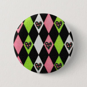 Farbenfrohe Harlequin Print mit Rose Herz Button