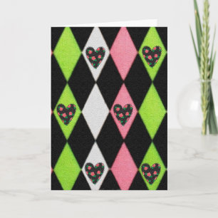 Farbenfrohe Harlequin Print mit Rose Herz Feiertagskarte