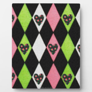 Farbenfrohe Harlequin Print mit Rose Herz Fotoplatte