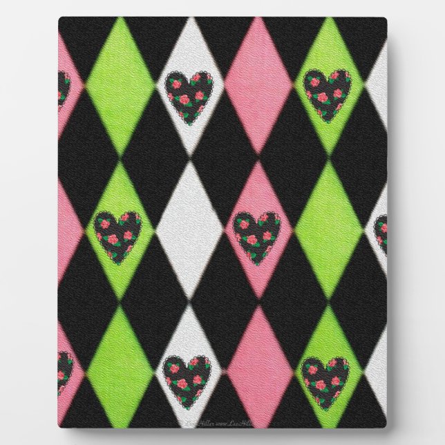 Farbenfrohe Harlequin Print mit Rose Herz Fotoplatte (Vorderseite)