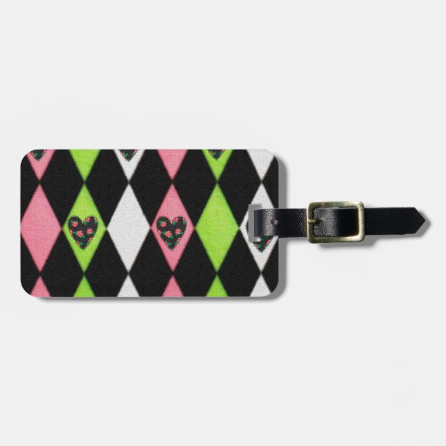 Farbenfrohe Harlequin Print mit Rose Herz Gepäckanhänger (Vorderseite horizontal)