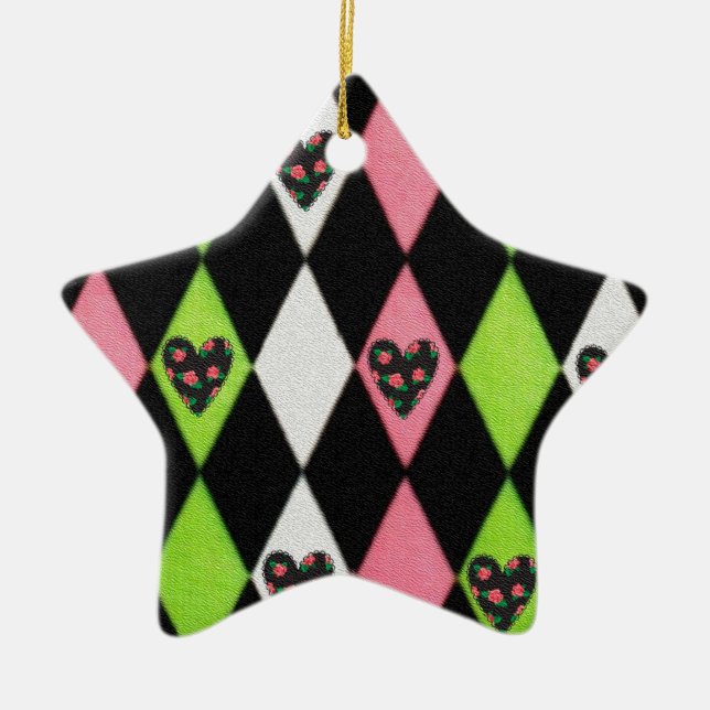 Farbenfrohe Harlequin Print mit Rose Herz Keramikornament (Vorne)