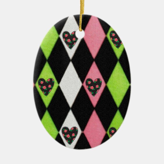 Farbenfrohe Harlequin Print mit Rose Herz Keramikornament (Vorne)
