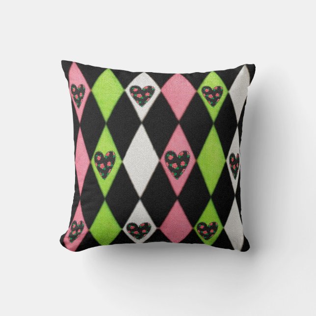 Farbenfrohe Harlequin Print mit Rose Herz Kissen (Vorderseite)