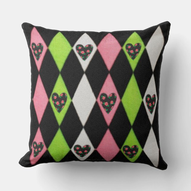Farbenfrohe Harlequin Print mit Rose Herz Kissen (Vorderseite)