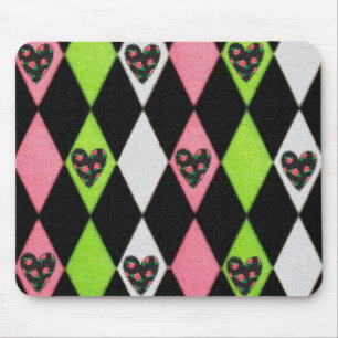Farbenfrohe Harlequin Print mit Rose Herz Mousepad
