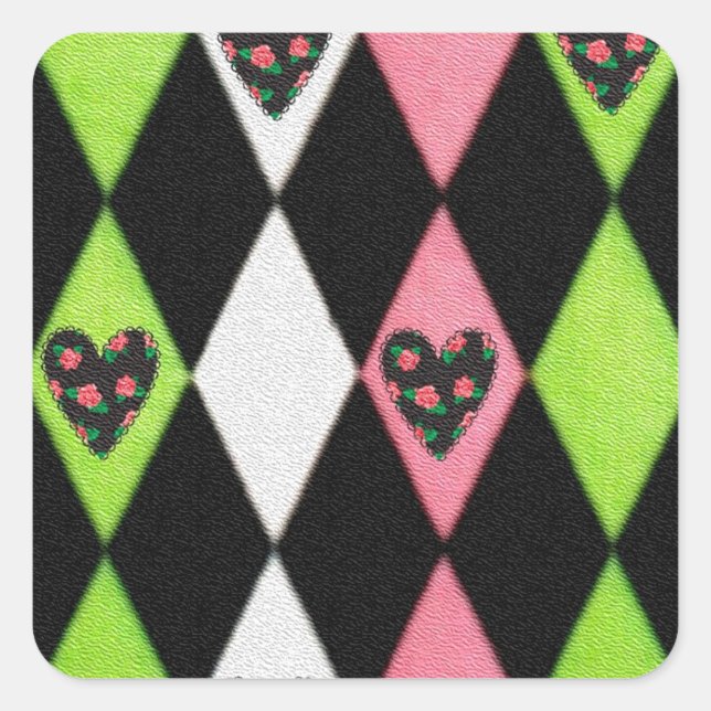 Farbenfrohe Harlequin Print mit Rose Herz Quadratischer Aufkleber (Vorderseite)