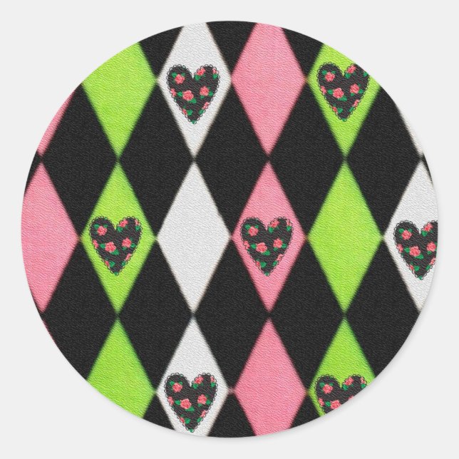 Farbenfrohe Harlequin Print mit Rose Herz Runder Aufkleber (Vorderseite)