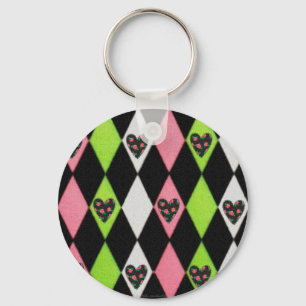Farbenfrohe Harlequin Print mit Rose Herz Schlüsselanhänger