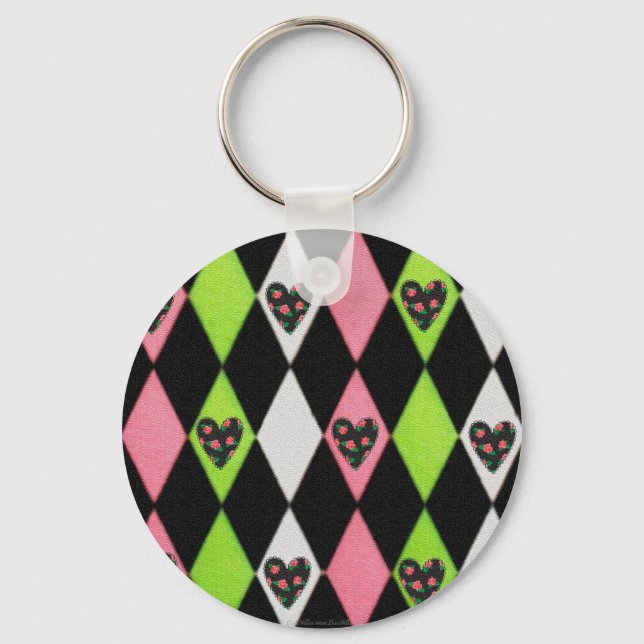 Farbenfrohe Harlequin Print mit Rose Herz Schlüsselanhänger (Vorderseite)