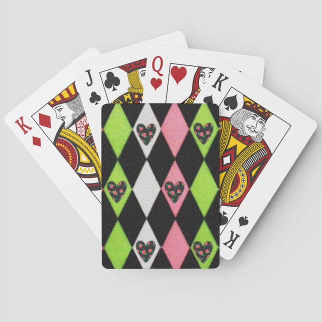 Farbenfrohe Harlequin Print mit Rose Herz Spielkarten (Rückseite)