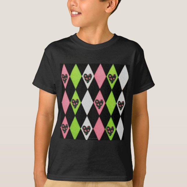 Farbenfrohe Harlequin Print mit Rose Herz T-Shirt (Vorderseite)
