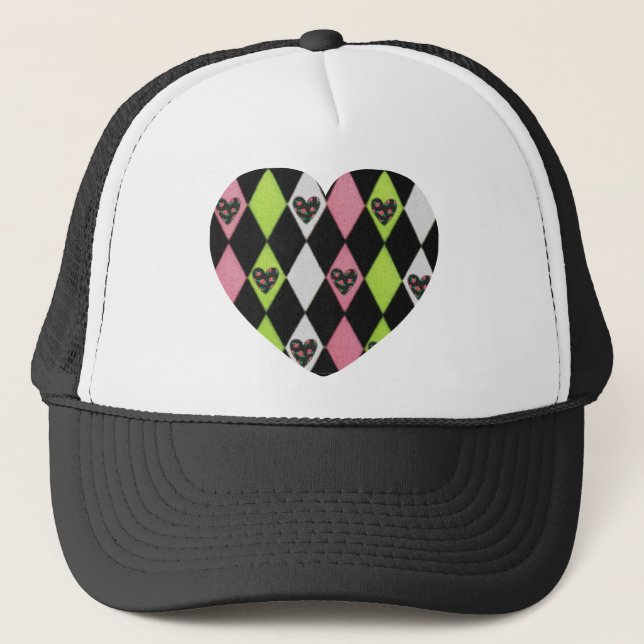 Farbenfrohe Harlequin Print mit Rose Herz Truckerkappe (Vorderseite)