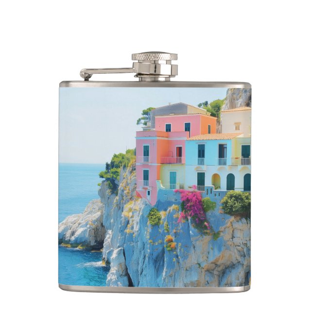 Farbenfrohe Häuser auf einer Klippe in Meeresnähe Flachmann (Vorderseite)